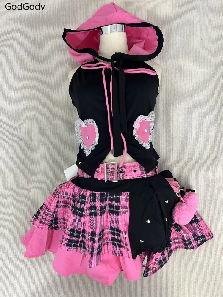Summer Gothic Vintage Elegant Women 2 Piece Sets Hooded Design Lace Y2k Tops + Plaid Chic Skirt Female Punk Retro Outfits 2025