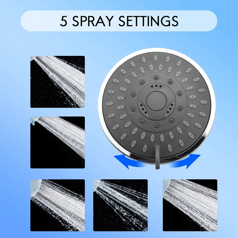 High-Pressure Shower Head,Rain Fixed Shower Head,Bathroom Shower 4 Inch Large Flow Shower,5 Spray Settings, Adjustable