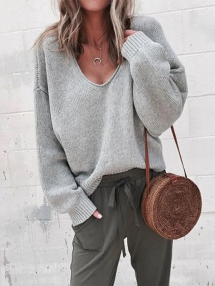 Casual Knitted Sweater Women Streetwear V Neck Long Sleeve Pullovers Loose Solid Coat 2024 Autumn Winter Fashion Women's Sweater