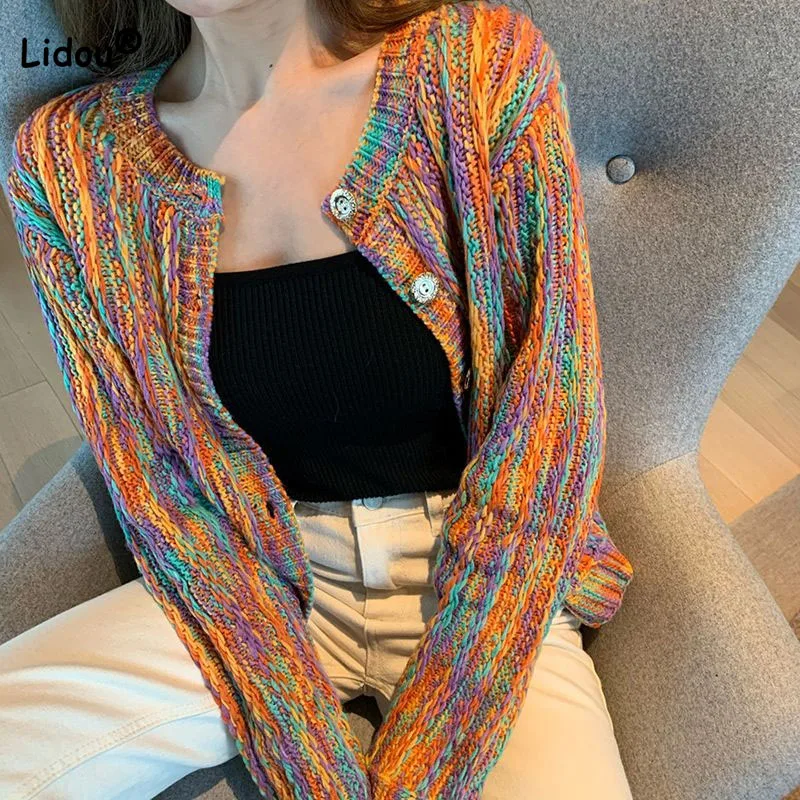 Women\'s Temperament Fashion Rainbow Color Autumn Winter Korean Loose Long Sleeve Button Knitted Cardigan for Female Sweater