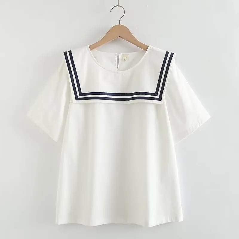 Summer Women White Shirts Sailor Collar Loose Blouses Short Sleeve Lady Tops Female Clothes