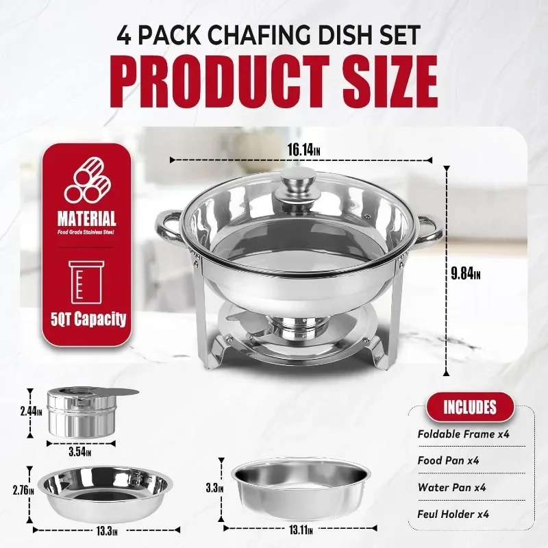 

4-Pack 5QT Stainless Steel Chafers, Round Chafing Dishes with Full Accessories for Buffet & Catering