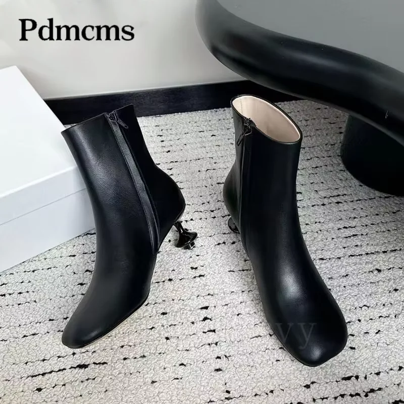 

Sexy High Heels Ankle Chunky Genuine Leather Round Toe Runway Shoes Women Strange Style Heels Short Modern Boots Woman Botas