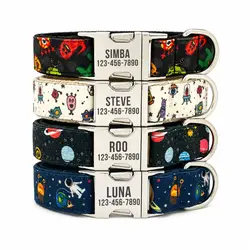 Personalized Space Monster Pet Collar Durable Custom Puppy Name ID Tag Adjustable Rocket Planet Alien Basic Dog Collar Leash