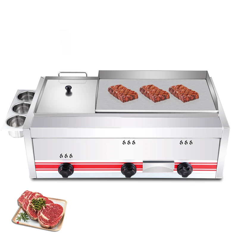 Commercial Stainless Steel Gas Teppanyaki Fried Steak Hamburger Barbecue Frying Pan Combined Double LPG view 2