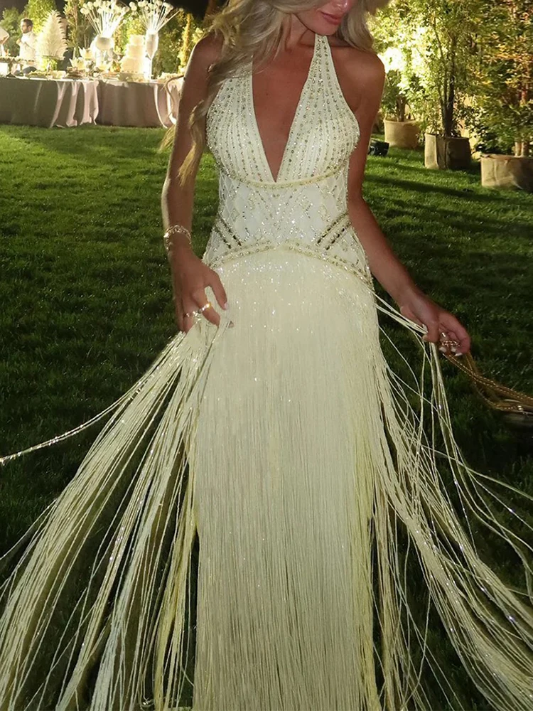 

Сексуальное вечернее платье с глубоким V-образным вырезом, завышенной талией, пайетками и бахромой, облегающее, длинное, с открытой спиной и вырезами, для вечеринок