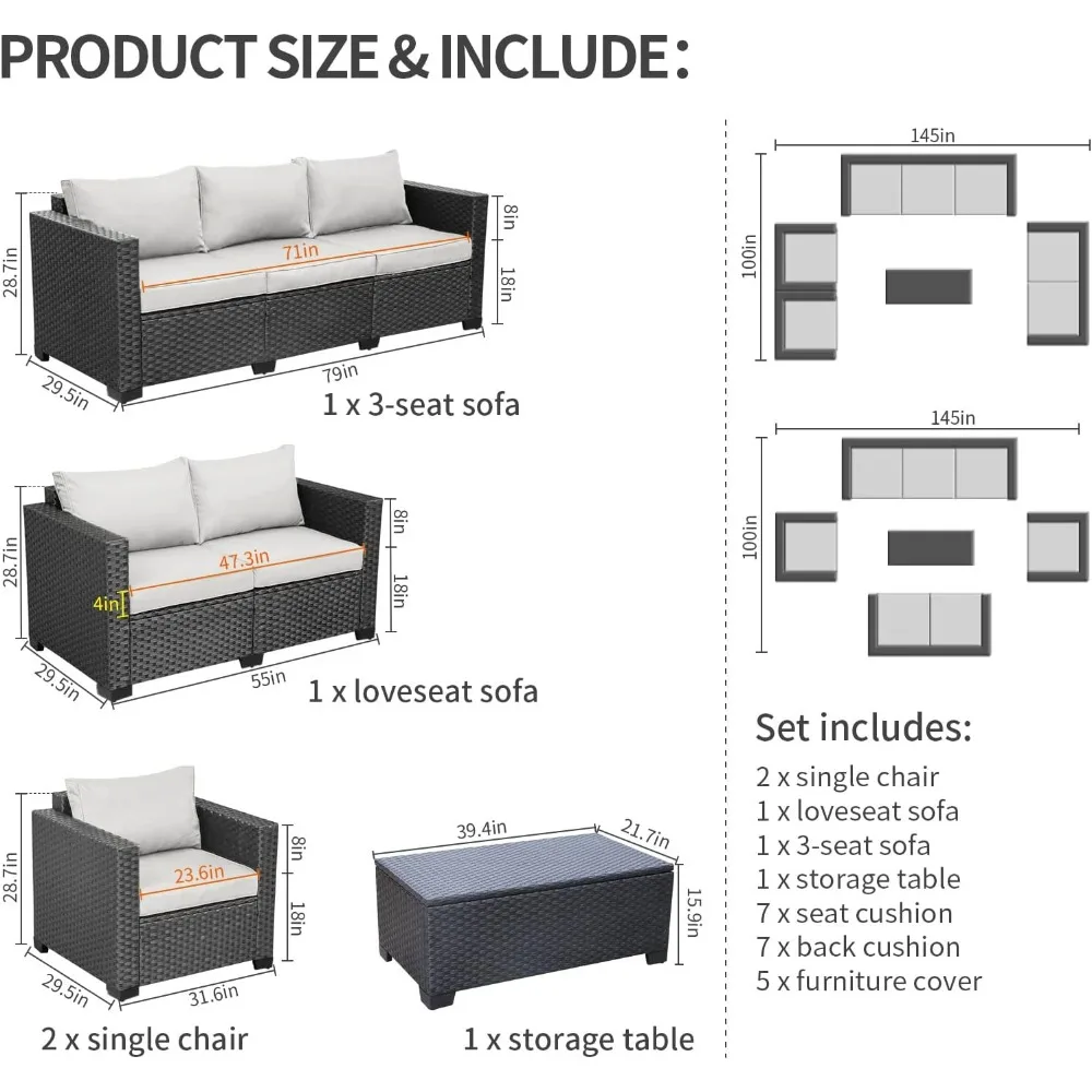 5-Piece Patio Furniture Sofa Set Outdoor Wicker Sectional Couch with Storage Table No-Slip Cushions Furniture Covers