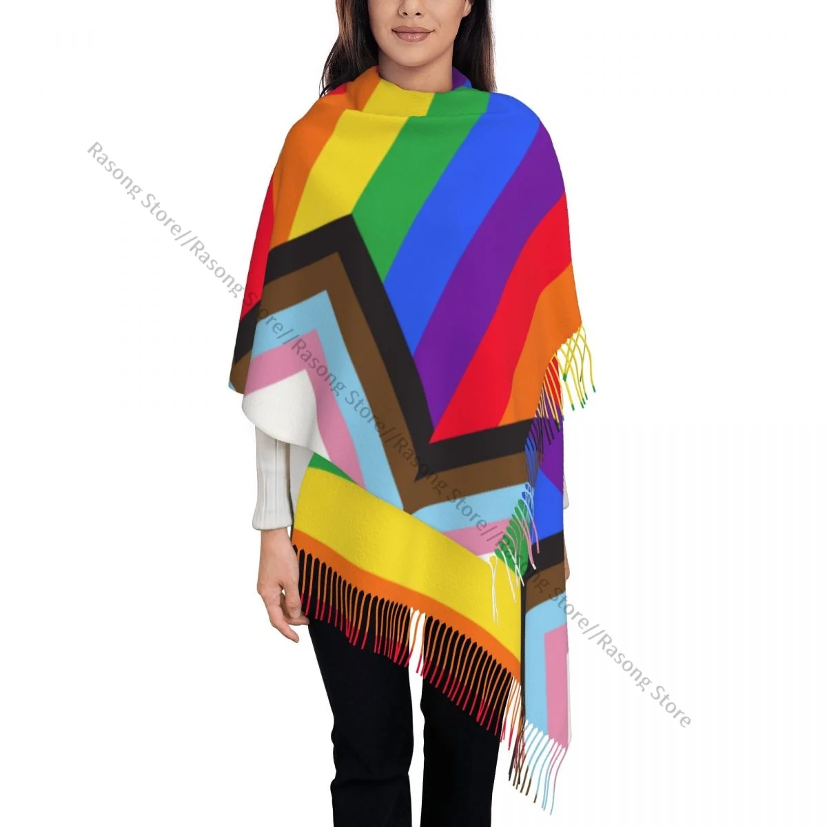 Rainbow Flag Gay Pride ผ้าพันคอฤดูหนาวยาวพู่ขนาดใหญ่ผ้าพันคอนุ่ม Pashmina