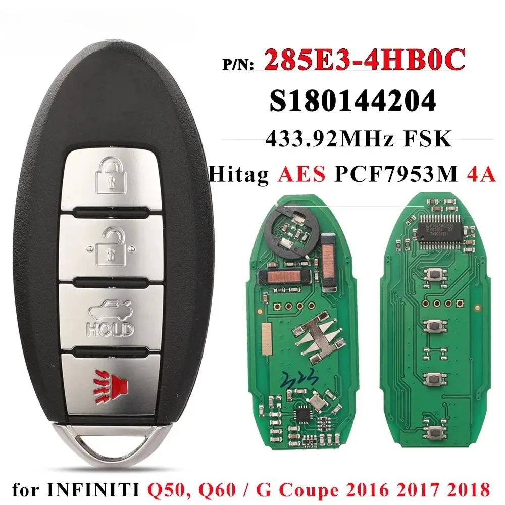 

285E3-4HB0C Car Smart Keyless for Infiniti Q50 Q60 2016 2017 2018 S180144204 433.92MHz 4A Intelligent Remote Control