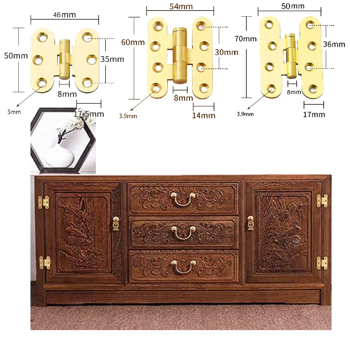 2Pcs Gold H-Type Cabinet Hinges Decorative Brass Hinges for Wooden Doors Windows Kitchen Cupboard Wardrobe Jewelry Boxes Mailbox