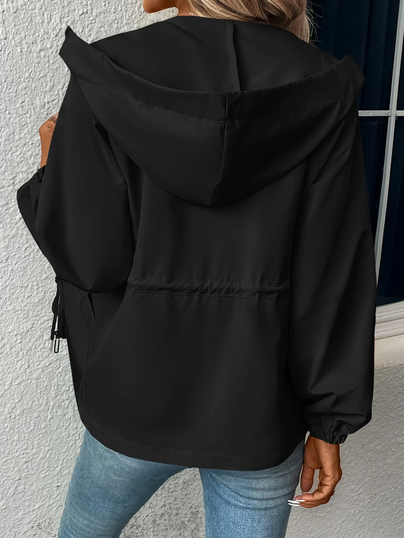 Women's Fashion Hooded Waist Cord Zipper Open Door No Open Pocket Windbreaker
