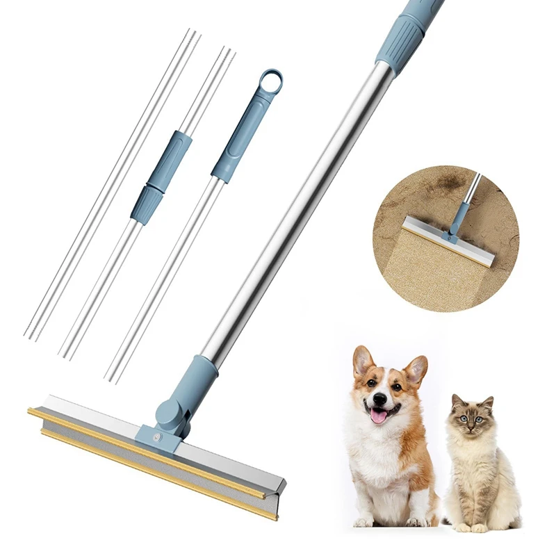 Reusable Remover For Pet Hair Adjustable Long Handle Carpet Rake Remover For Embedded Fur Scraper And Dog Hair Remover Blue