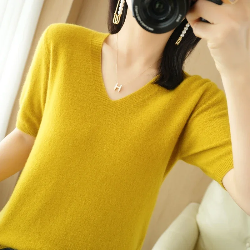 Spring Autumn Women Sweaters Short Sleeves V-neck Bottoming Shirt Knitwear 2024 Summer Camel Green Pink Pullovers Korean Jumpers