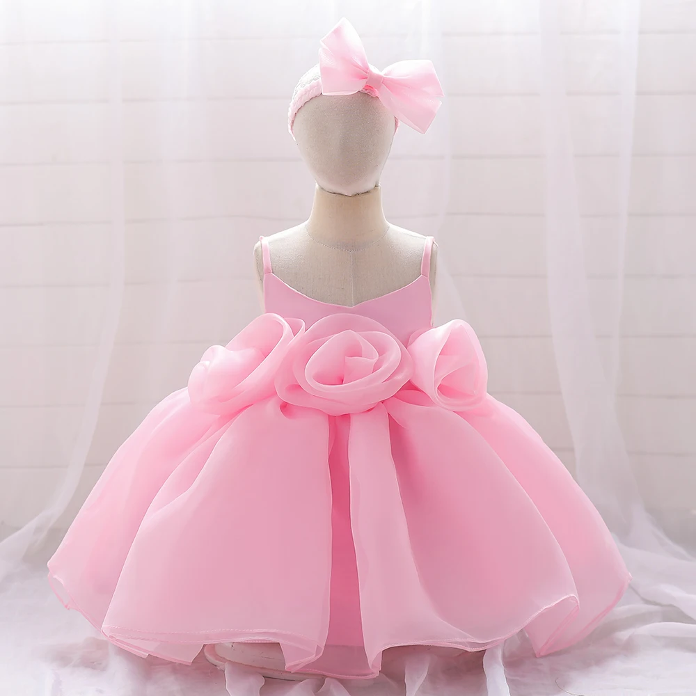 Baby Girl Dress Big Flower Ceremony Pink 1st Birthday Clothes For Baptism Bow Princess Kids Costume Party Wedding Gown Vestidos