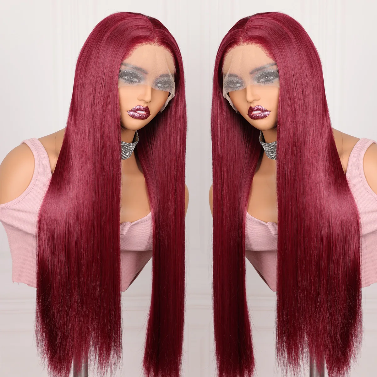 

Soft Wine Red Straight 26Inch Long 180%Density Lace Front Wig For Women With Baby Hair Burgundy 99j Synthetic Preplucked Daily