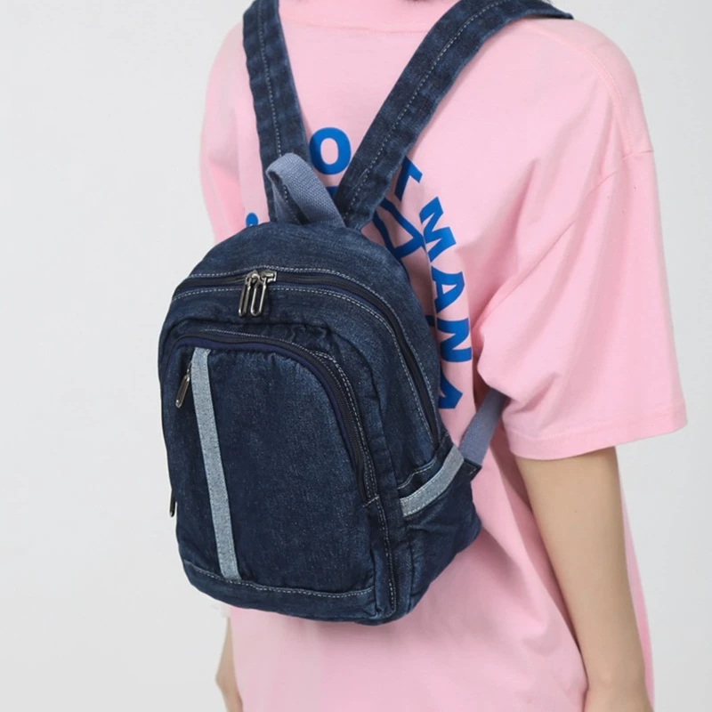 Exquisite Daypack School Bag Denim Rucksack Blue Jean Backpack Double Shoulder Schoolbag Gift