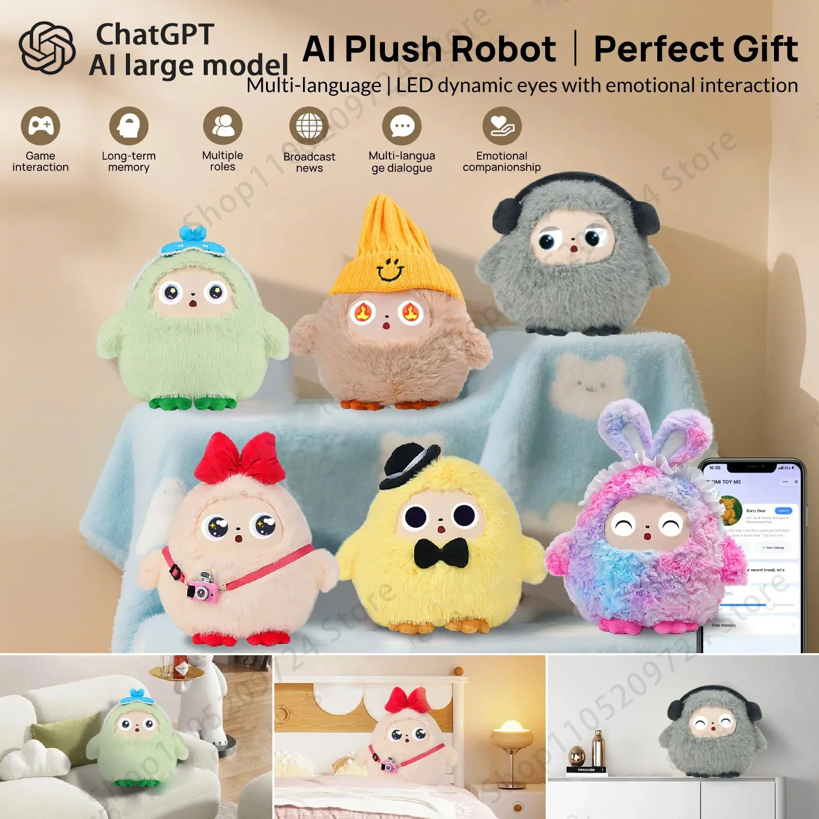 AI Plush Toy W/Smart Voice&LED Eyes,Interactive Companion for Kid/Adult‌Gift-ReadyRechargeable E-Pet open up fun life W/Tuya App