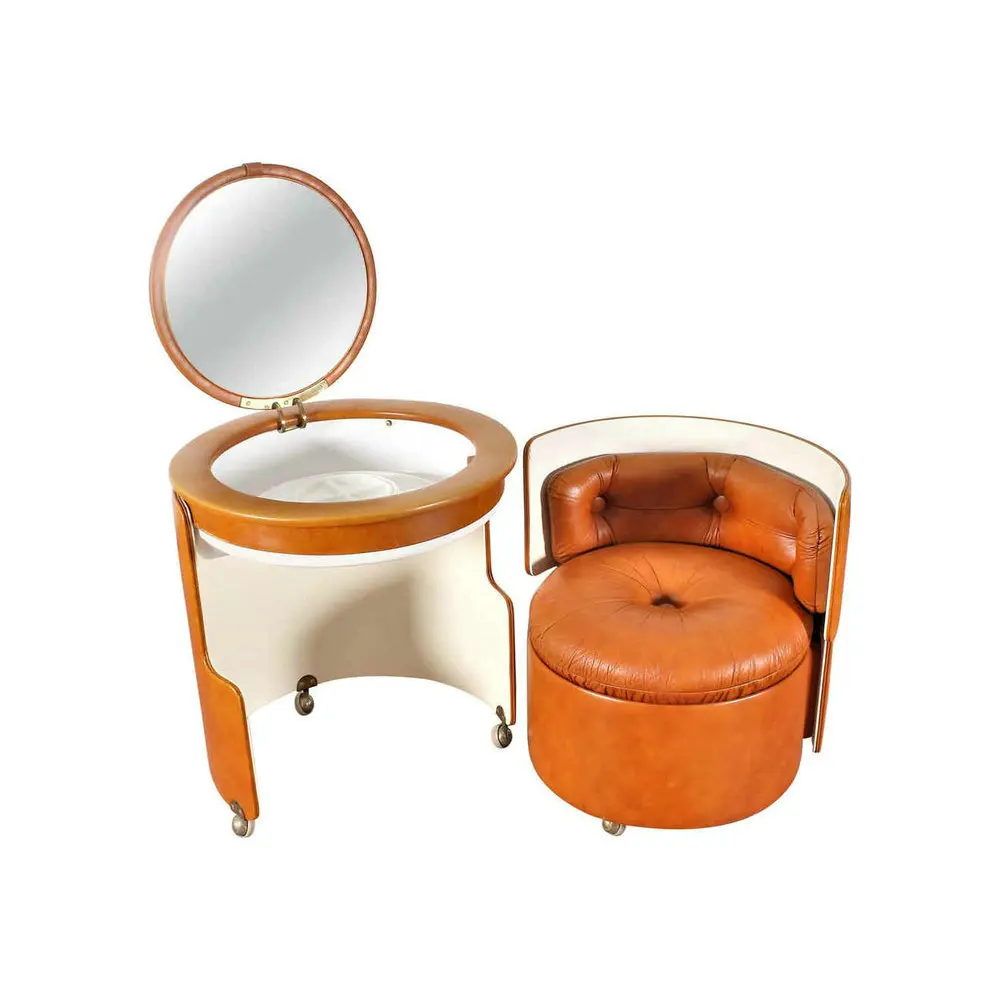 #MidCentury Dilly Dally Vanity Dressing Table and Stool  Circle Leather  Wood Makeup Vanity with Mirror Designer Chest of Drawer