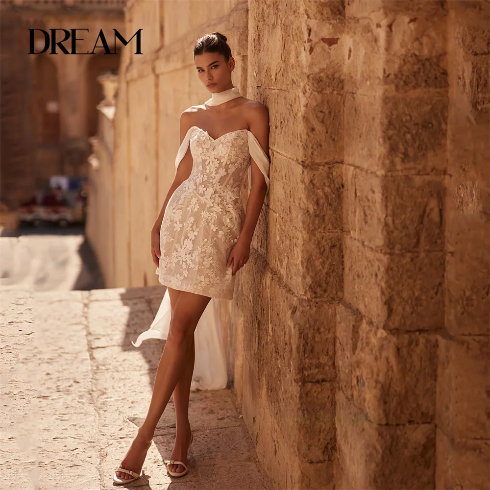 

DREAM V-Neck Lace Short Wedding Dress 2025 Appliqued Off the Shoulder Open Back Sheath Bridal Gown Vestidos De Novia Customized