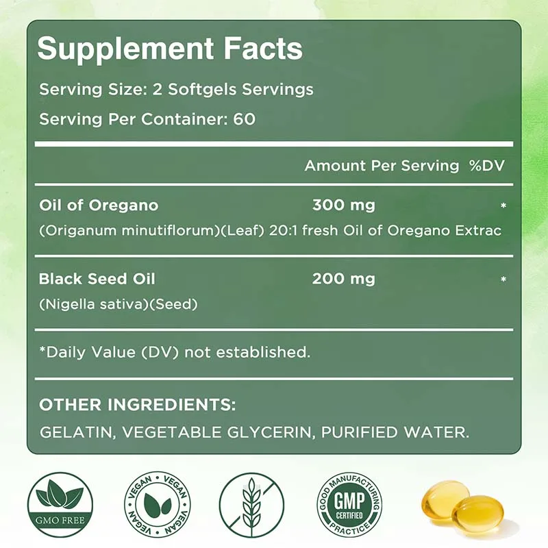 Oregano Oil Softgels with Black Seed Oil Strength for Gut Health, Digestive Health, Immune Support