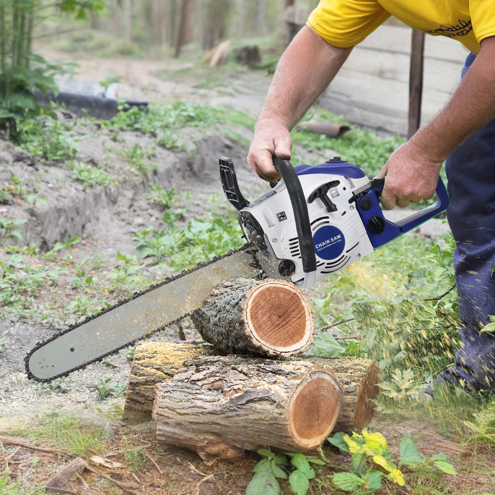 

Синяя мощная бензопила 58CC для резки дерева. Мощная бензиновая цепная пила с эргономичным дизайном для удобного использования.