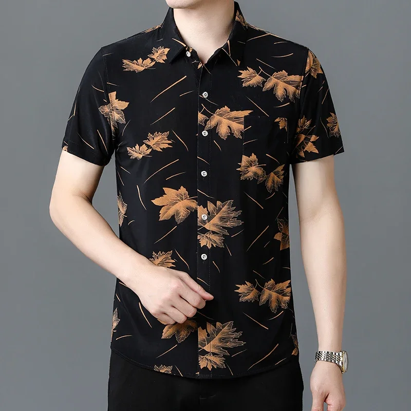 Summer New Ice Silk Short Sleeved Shirt Without Iron Casual Printed Shirt for Men\'s New Style