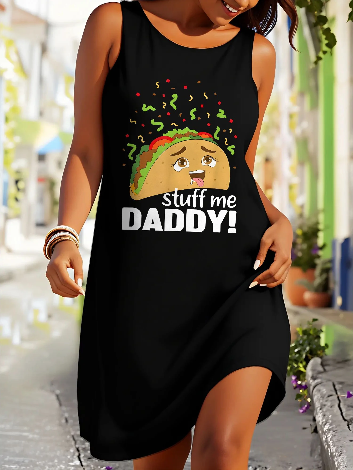 Plus Size Womens Elegant Casual Dress - funny text taco food comical humor Print Fashion Sleeveless Crew Neck Dress - Perfect For Summer Vacation & Great Gift