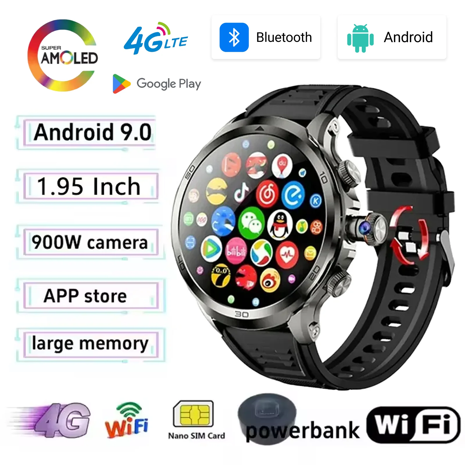 

Новые умные часы H19 2025 года, глобальная сеть 4G, ОС Android, 1,95 дюйма, AMOLED-дисплей 720x720 190 ° Вращающаяся камера GPS+WiFi с двойным позиционированием