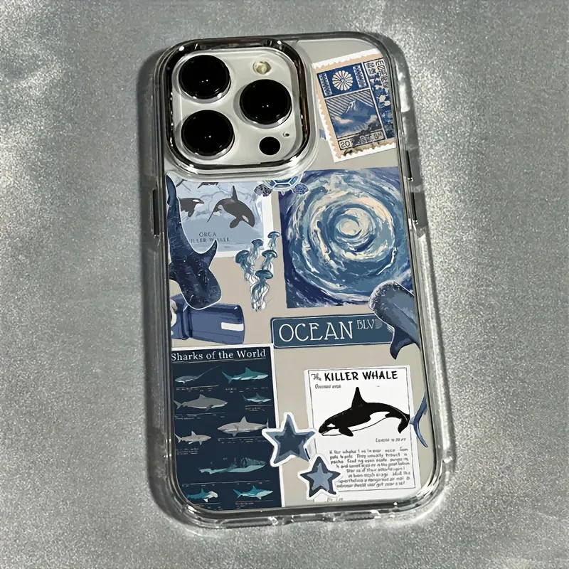 Funda Transparente para Teléfono con Diseño de Ballenas y Medusas del Océano Azul, Marco de Lente Electrochapado, Compatible con iPhone 17 Air Pro Max, iPhone 16, 15, 14, 13, 12, 11 Air Plus Pro Max Series