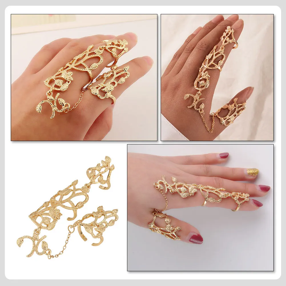 

Hollow Carved Floral Knuckle Ring Chic Chain Design Fashion Finger Ring Party Stylish Alloy Festival Finger Decor
