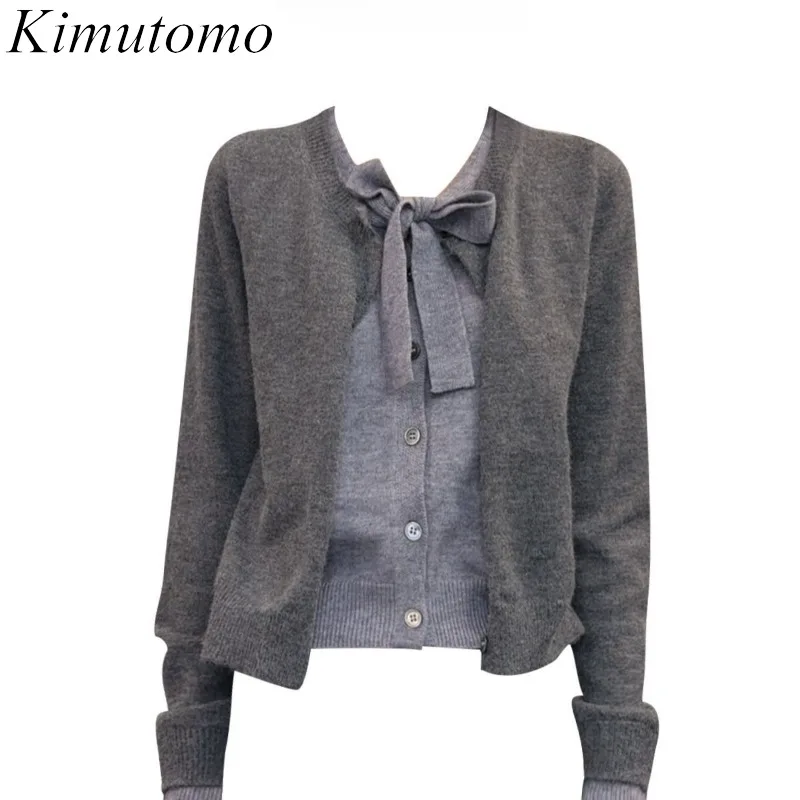 Kimutomo Knitted Sweater Women Patchwork Fake Two Piece Bow Long Sleeve Autumn Fashion Vintage Cardigan Outwear Female Y2k