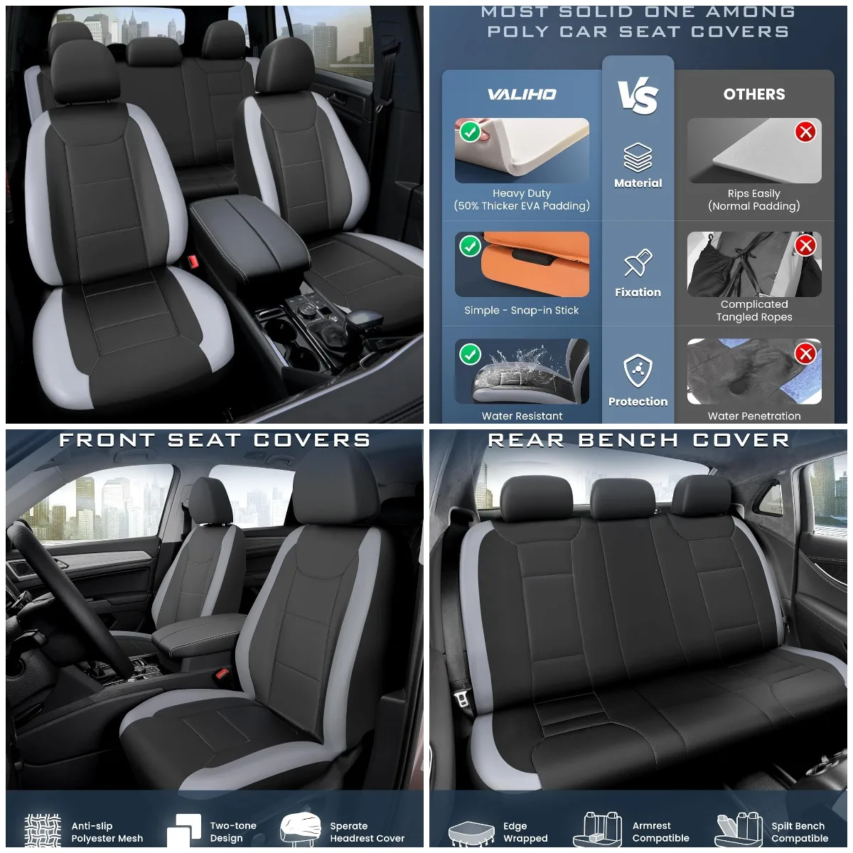 

Premium Waterproof Car Seat Cover Set, Front Rear Split Bench, Thick Padding, Easy Install (Grey)