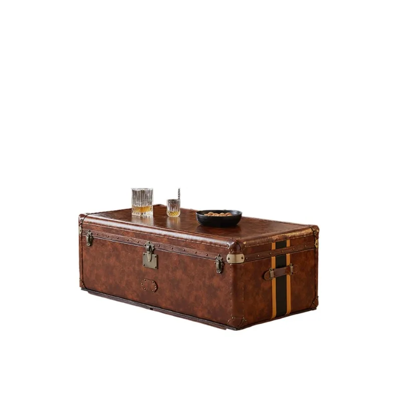 

French antique coffee table solid wood rattan wood strip storage leather retro leather box coffee table American living room