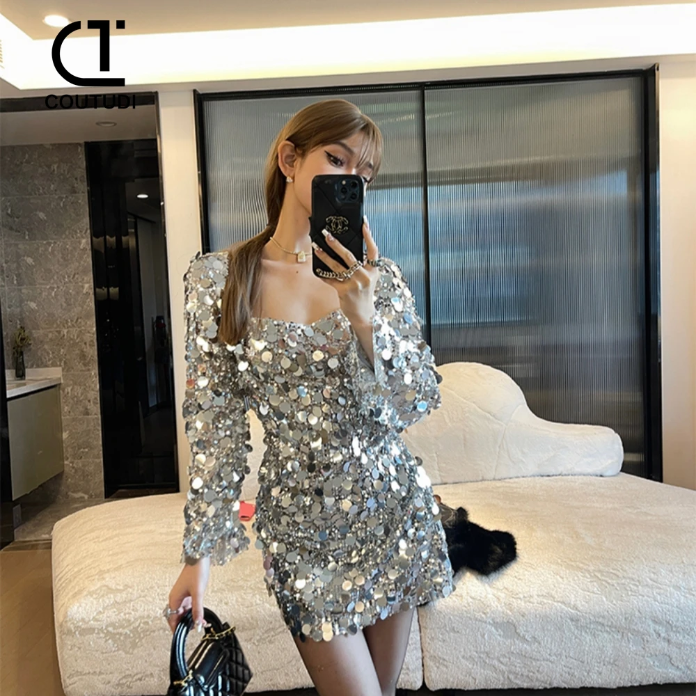 COUTUDI 2024 Fashion Elegant Long Sleeve Backless Women Dress Mini Dresses Sequin Bodycon Sexy Evening Party Prom Women Vestidos