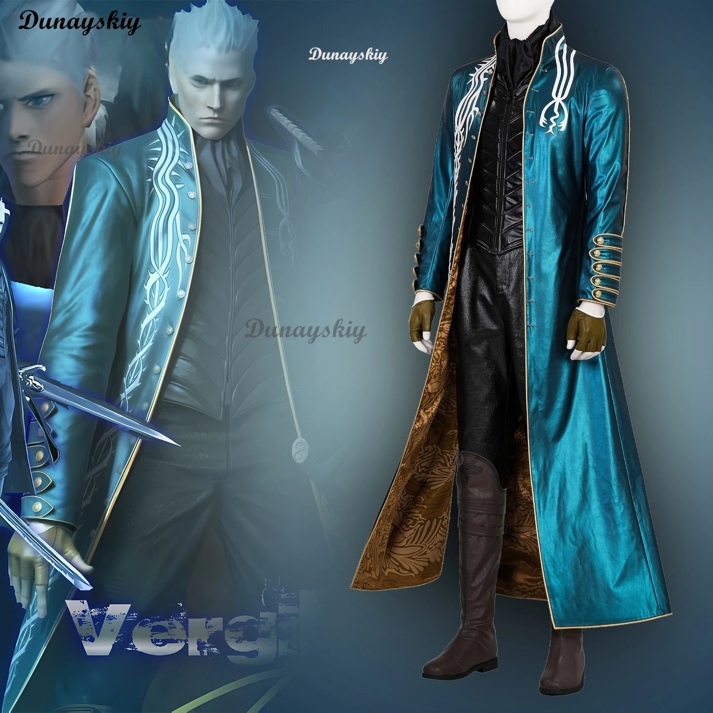 لعبة D5 أزياء فيرجيل التأثيرية نيلو كاملة MC الزي الأخضر معطف الهالوين فيرجيل شعر مستعار تأثيري كرنفال الرجال البدلة سترة سترة