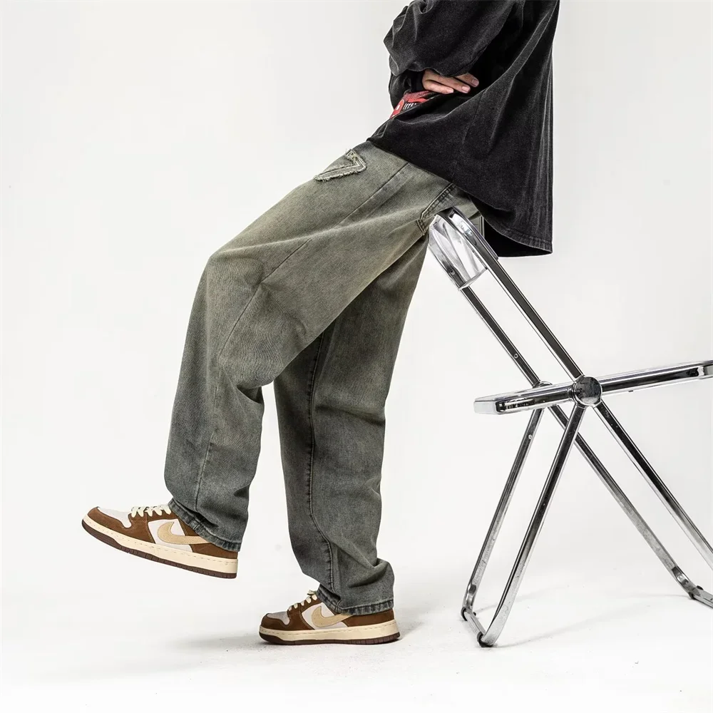 レトロアメリカンハイストリートハンドメイドリップドジーンズメンズルーズウォッシュドホワイトストレートトラウザーズワイドレッグパンツバギージーンズメンズ