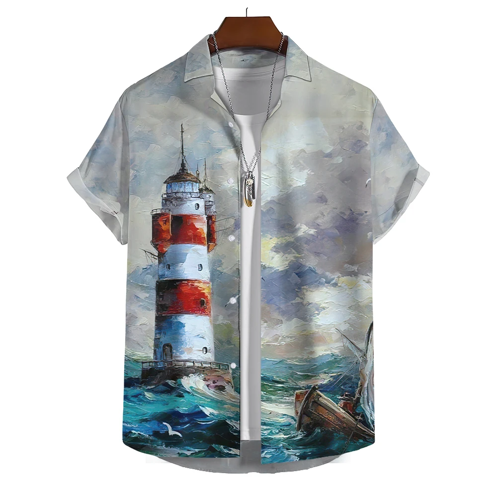 Summer Shirt For Men Lighthouse 3d Printed Men‘S Clothing Loose Oversized Shirt Beach Party Short Sleeved Tops Hawaii Sweatshirt