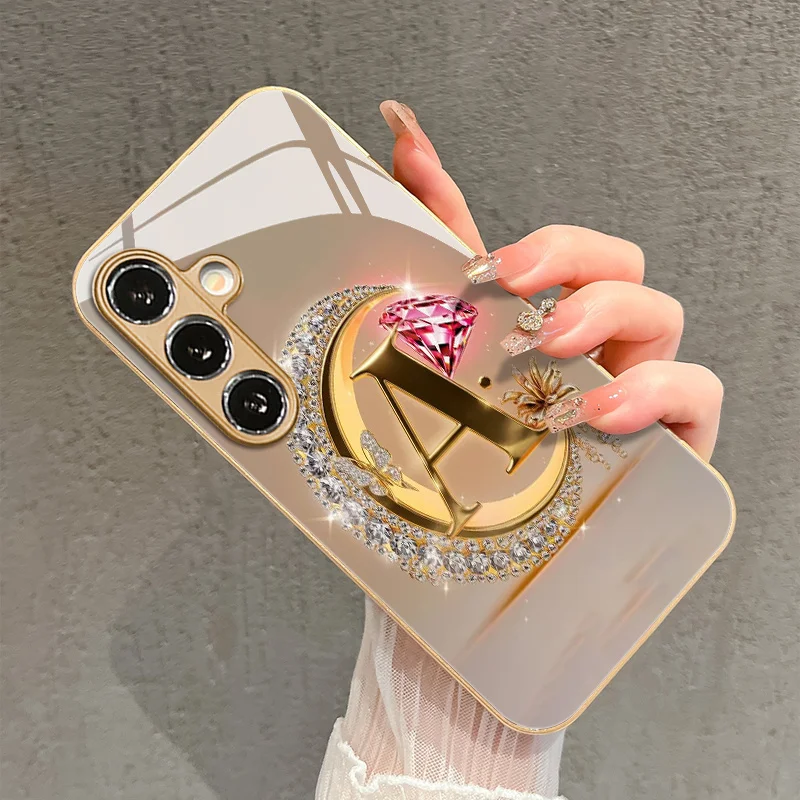 Diamond Moon Letter A Phone case  glass phone case  for Samsung GalaxyS26 S25 24 23 22 21 Ultra/Plus/FE shockproof back cover