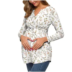 Maternity Tops Pregnancy Longsleeve Tees Pregnant Shirts with Belt Maternity Print Classic Tops Women Clothing