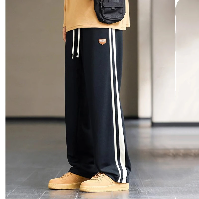 Spring Autumn Elastic Waist Fashion Straight Pants Man High Street Contrast Color Casual Pockets Drawstring All-match Trousers