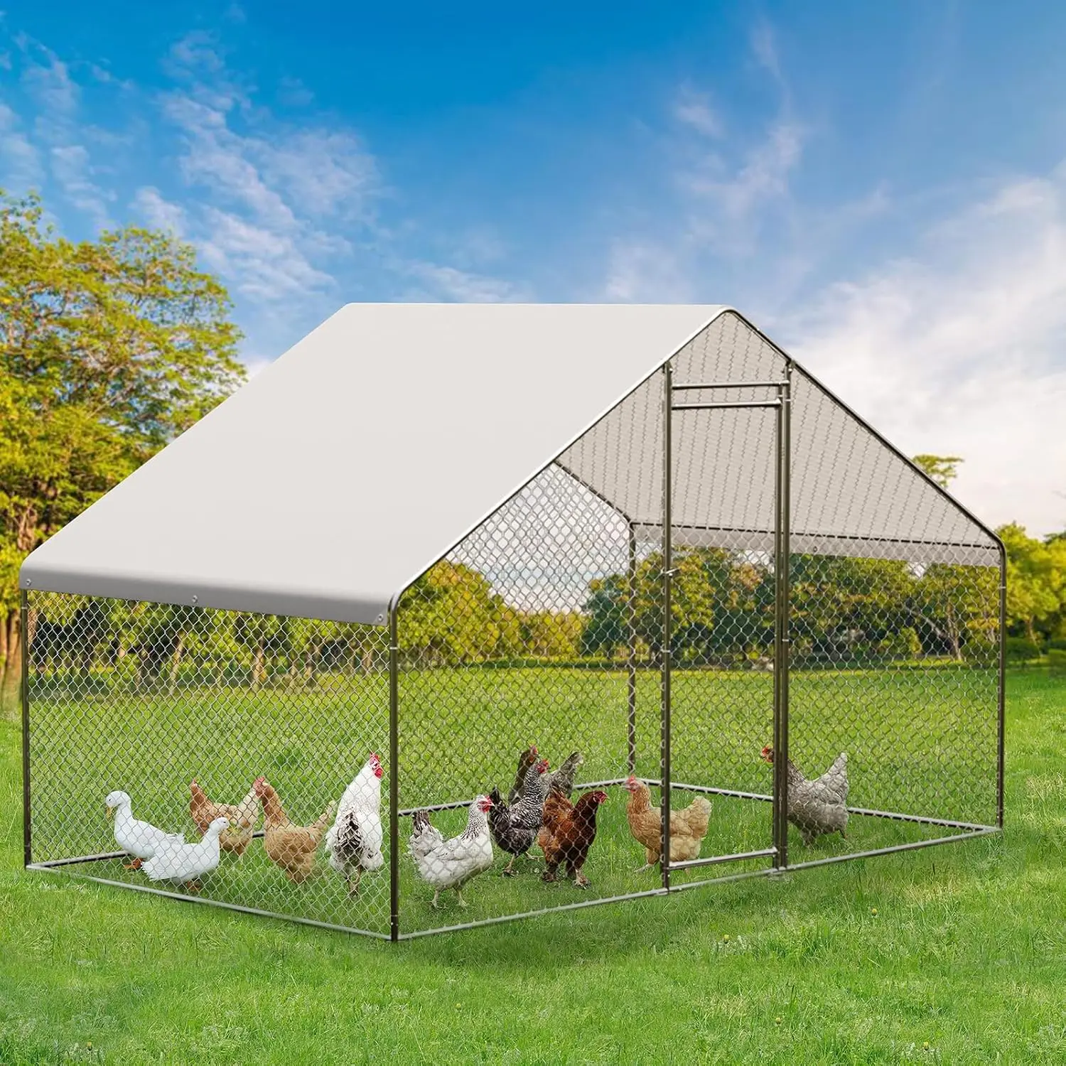 Large Metal Chicken Coop, 6.5 Ft Run with Cover & Spire Roof, Lock for Outdoor Backyard Farm Duck Rabbit, Customized