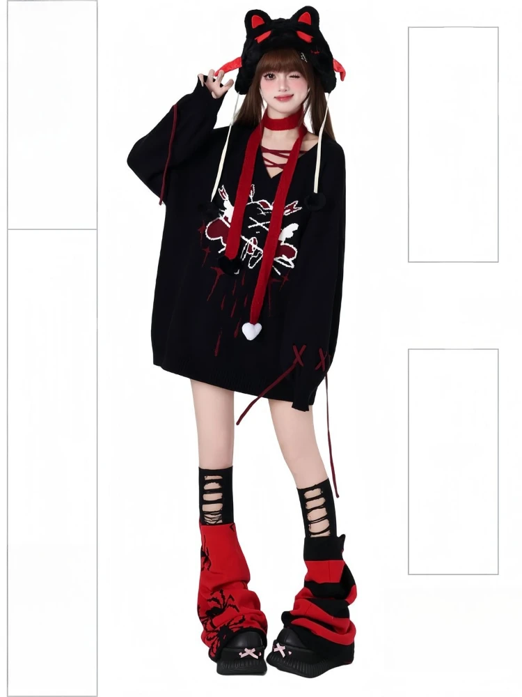 Sottocultura dolce scollo a V casual allentato top pullover maglione manica lunga autunno inverno donna Harajuku Grunge anni 2000 Y2k femminile