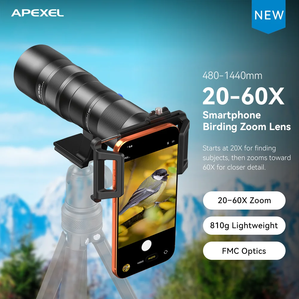 APEXEL 20-60X HD Zoom Telephoto Phone Lens Smartphone Bird Watching Camera Lens with New F005 Phone Clip Mount Without Tripod
