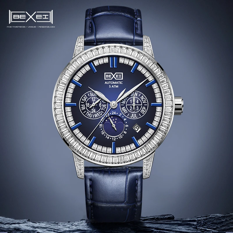 

BEXEI 2025 Crystal Bezel Dial movement mechanical watch Luxury sapphire 5ATM