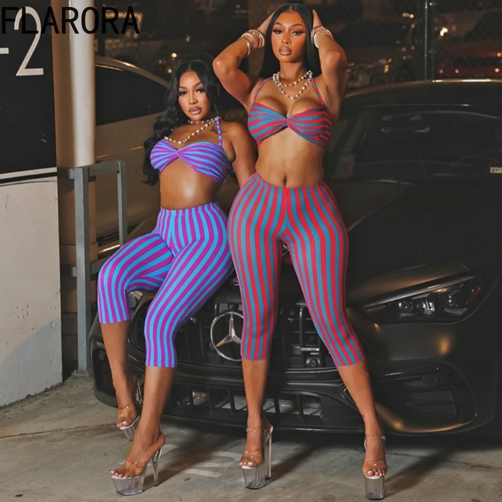 

FLARORA Sexy Stripe Patchwork 2 Pcs Sets Woman Halter Sleeveless Backless Crop Tops And Skinny Mid Pants Beach Vacation Outfits