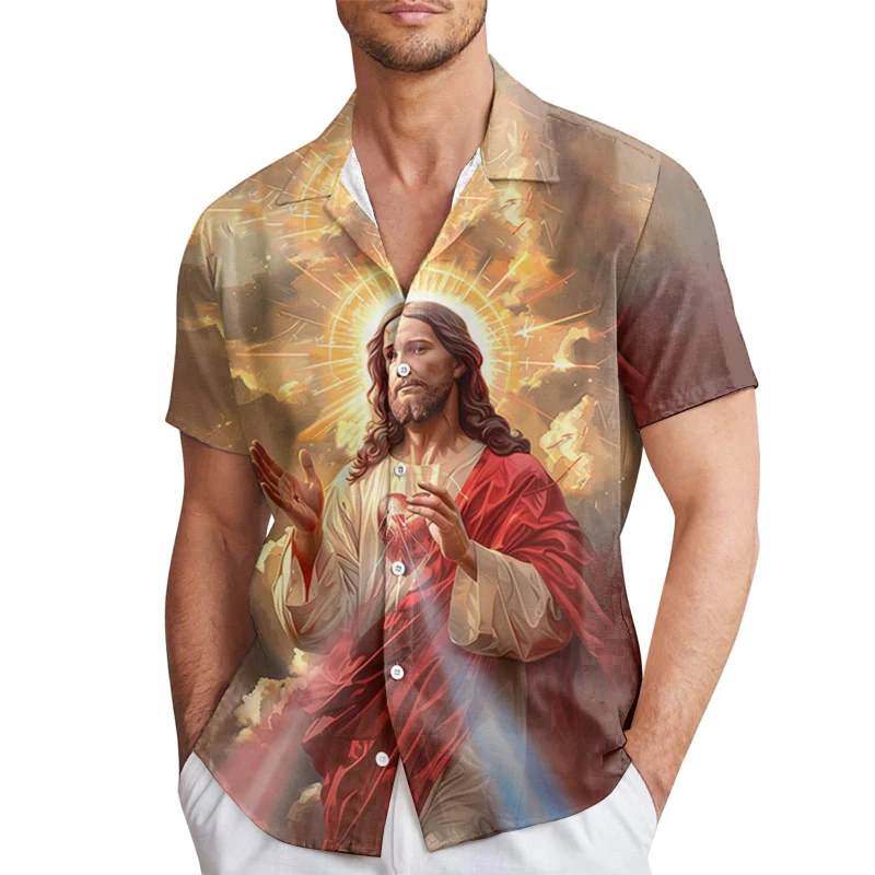 

Мужская рубашка с 3D-принтом «Бог Иисус», модная, на пуговицах, с коротким рукавом, с отложным воротником, христианская одежда, унисекс, гавайская блузка, футболка