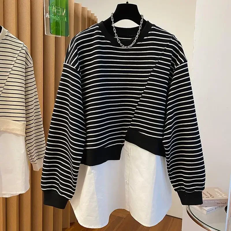 Women High Street Casual Striped Pullovers Elegant Patchwork Tops Spring Autumn New Round Neck Long Sleeve Fashion Sweatshirts