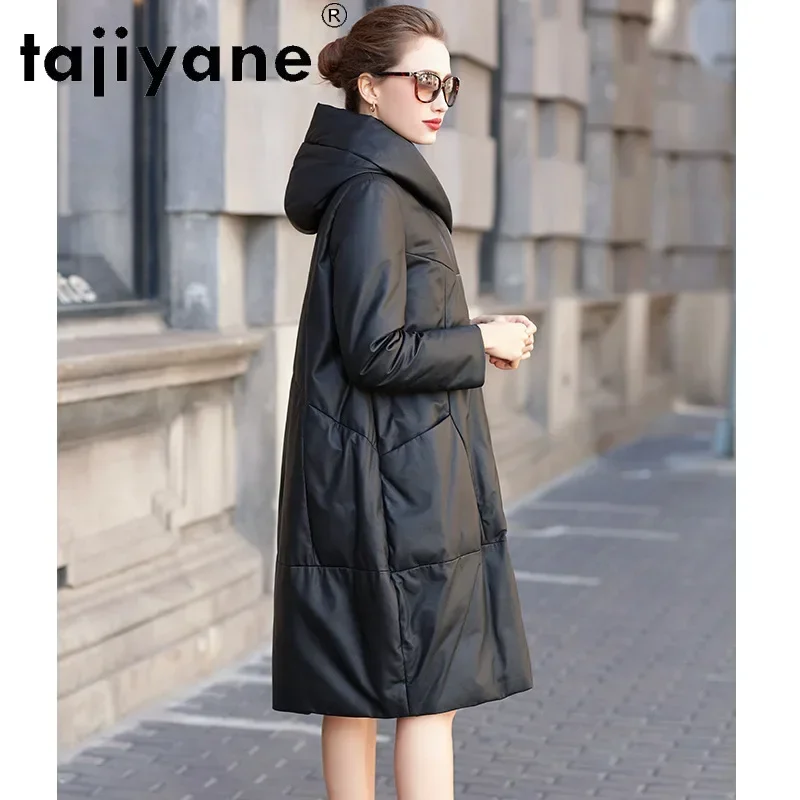 Takiyane – veste en cuir véritable pour femme, manteau Long à capuche, en duvet de canard blanc et peau de mouton, modèle TN1332