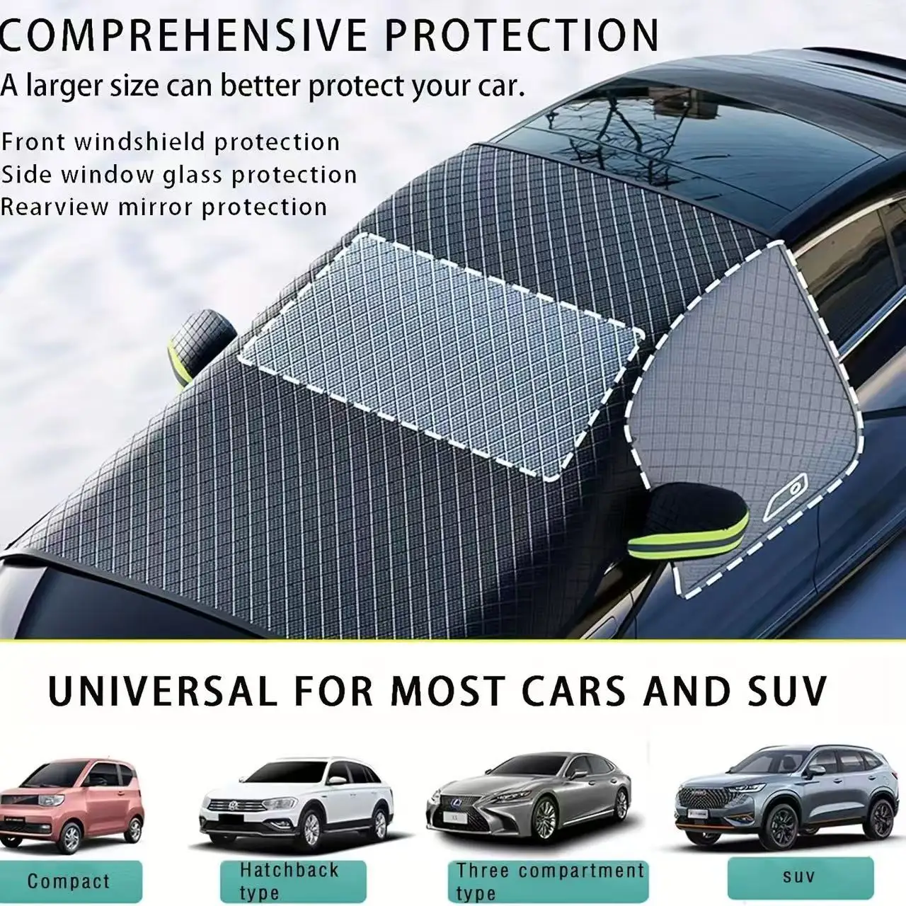 Aluminum-plated film of magnetic snow cover for automobile is thickened, and Oxford cloth is sun-proof and moisture-proof.