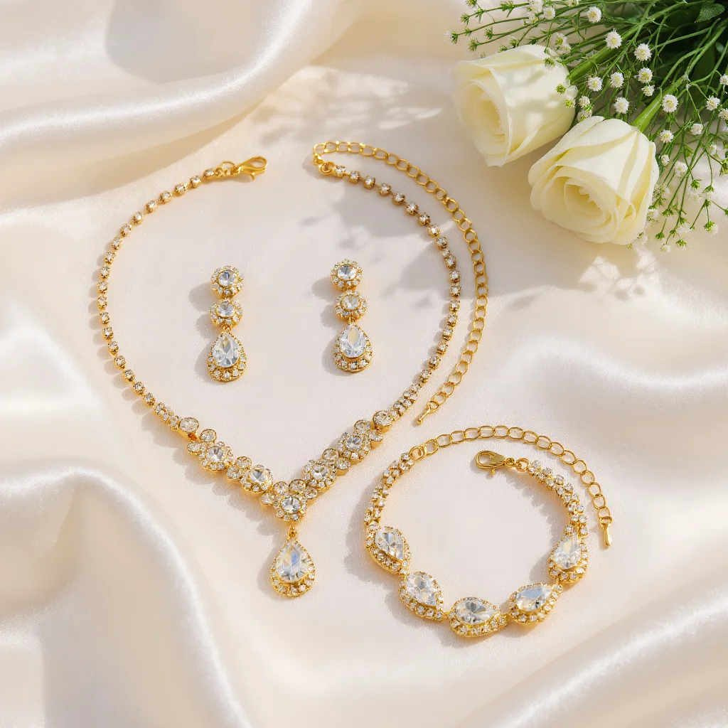 

4pcs Elegant Vintage Jewelry Set for Women Fashion Water Drop Necklace Golden Choker Bridal Wedding Bracelet Party Gift